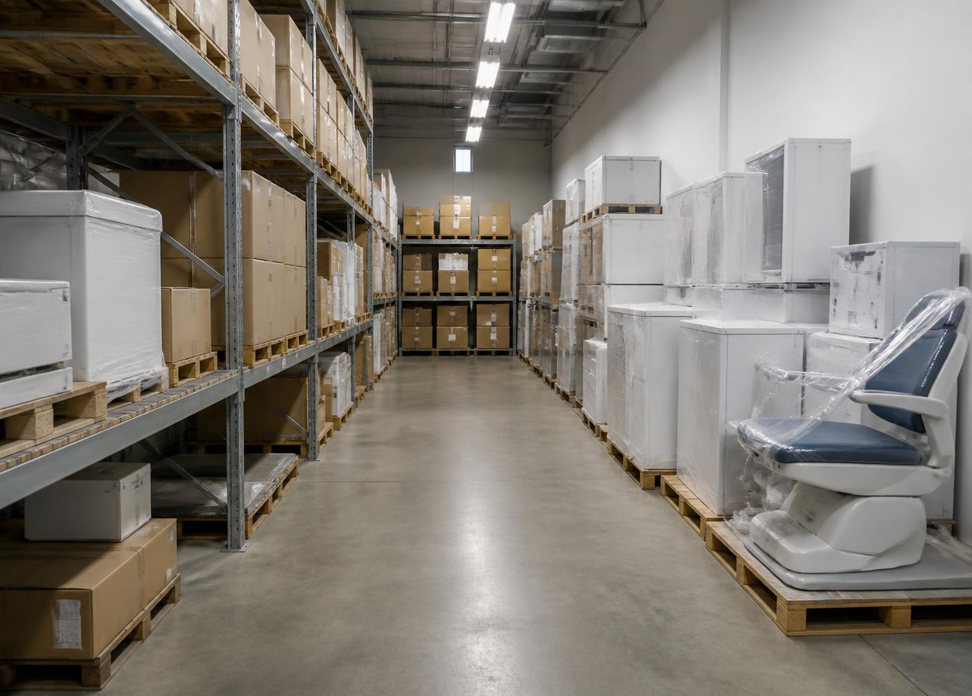 Warehouse aisle stacked with packaged dental equipment ready to ship