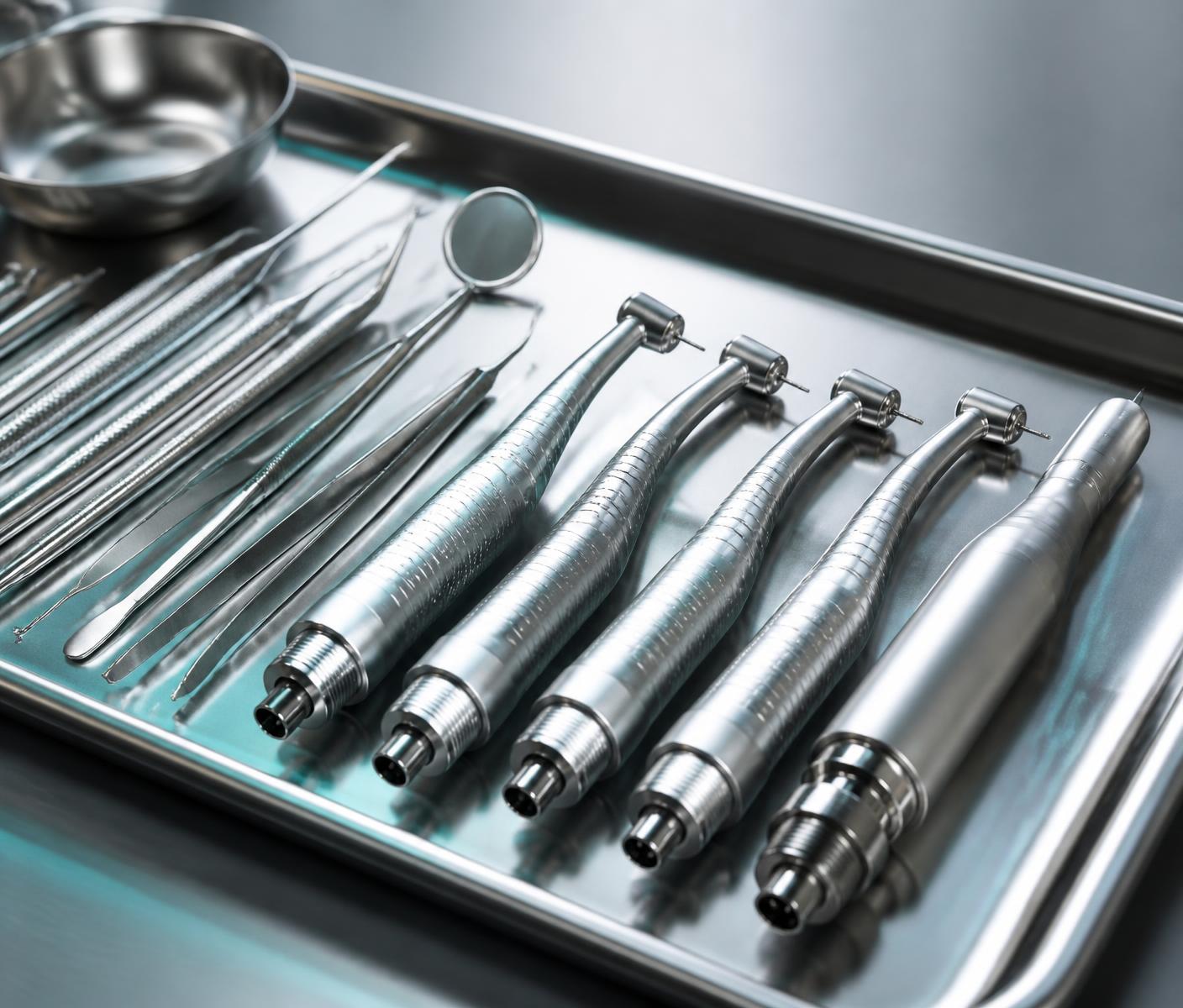 Dental handpieces and stainless steel instruments arranged on a sterile tray